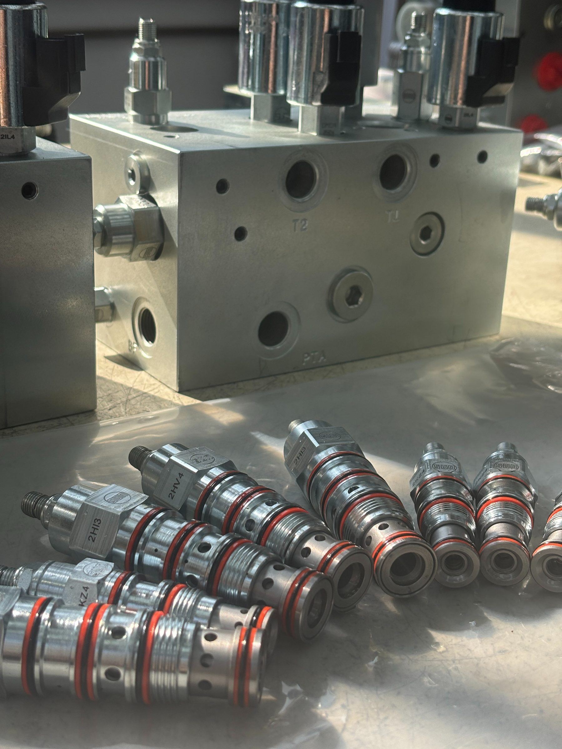 Machined hydraulic manifold block with port markings beside a row of Sun cartridge valves